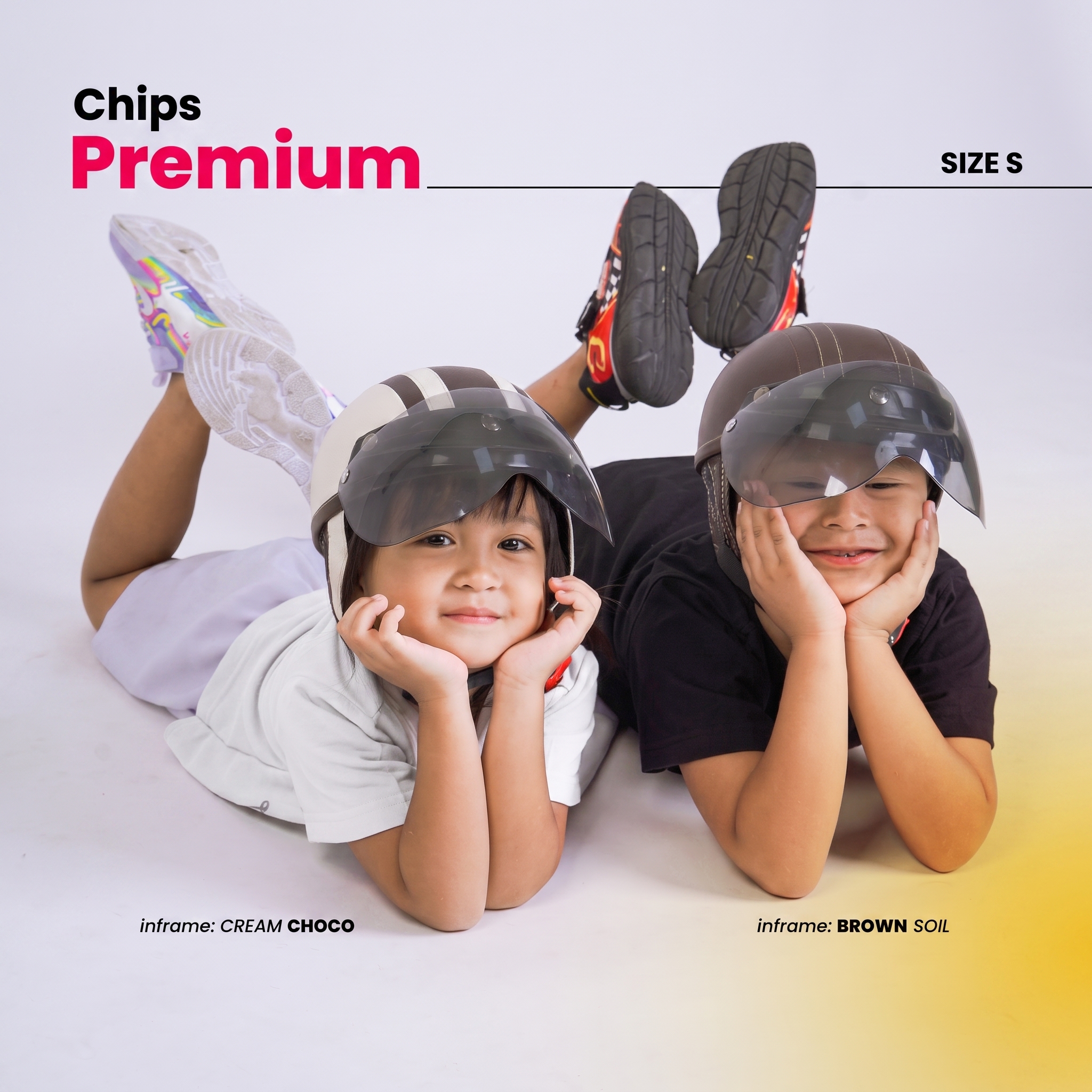 Dua anak memakai helm JoyKidz Chips Premium warna Cream Choco dan Brown Soil