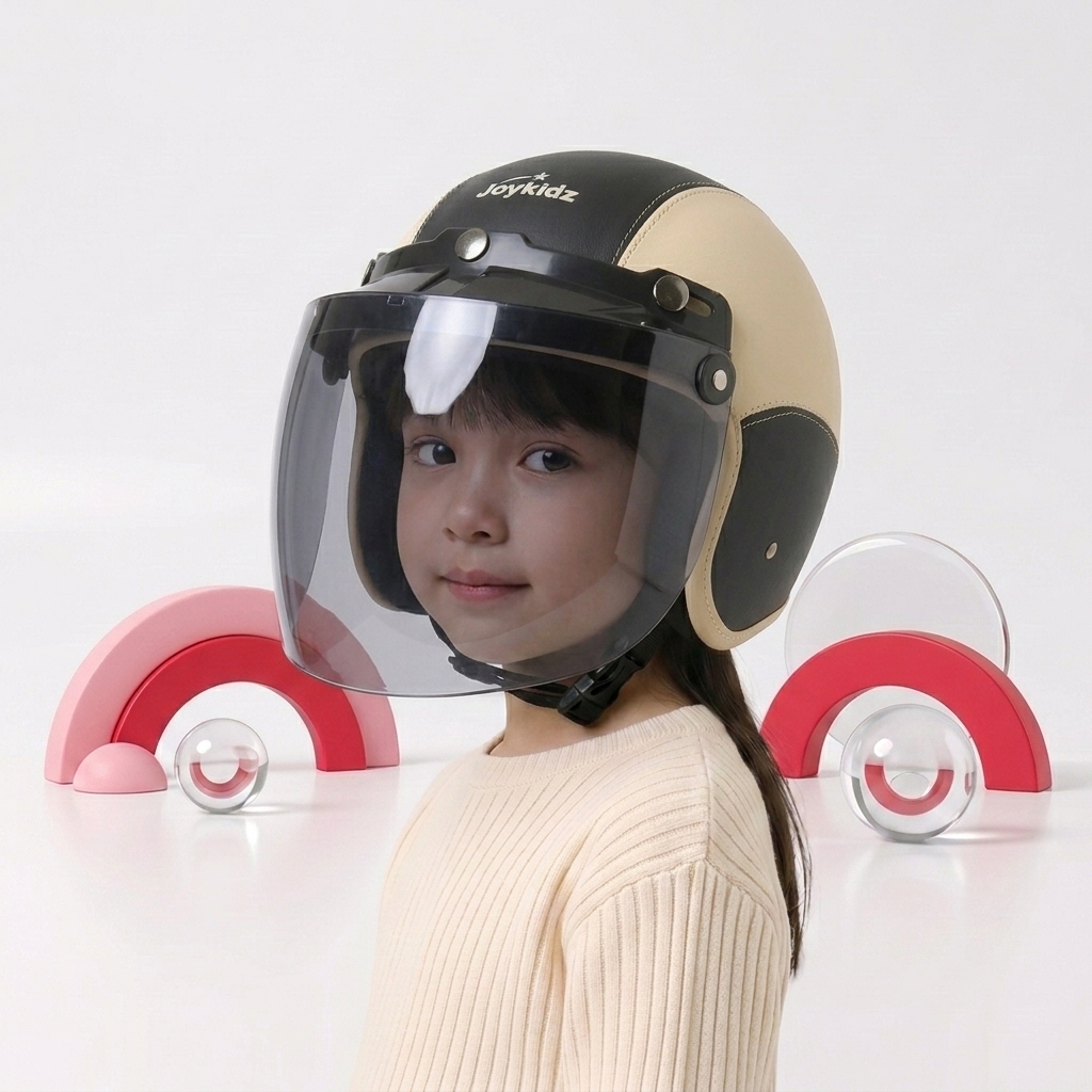 Joykidz Helm Bogo Anak SNI Retro Polos Cream Hitam Kulit Sintetis Usia 2–6 Tahun Unisex - Gambar 2