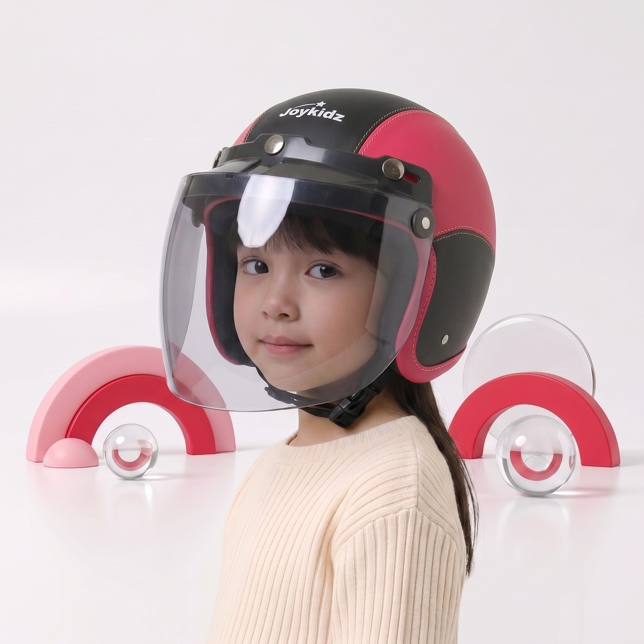 Joykidz Helm Bogo Anak SNI Retro Polos Pink Hitam Kulit Sintetis Usia 2–6 Tahun Unisex - Gambar 2