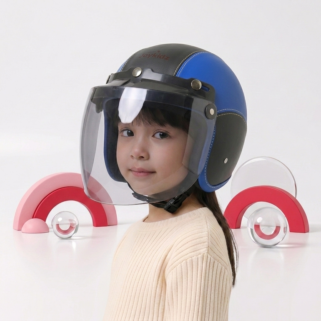Joykidz Helm Bogo Anak SNI Retro Polos Biru Hitam Kulit Sintetis Usia 2–6 Tahun Unisex - Gambar 2
