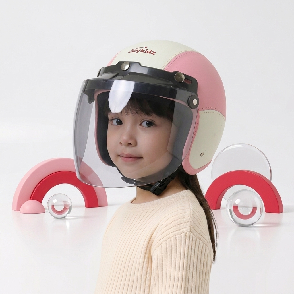 Joykidz Helm Bogo Anak SNI Retro Polos Pink Muda Putih Kulit Sintetis Usia 2–6 Tahun Unisex - Gambar 2