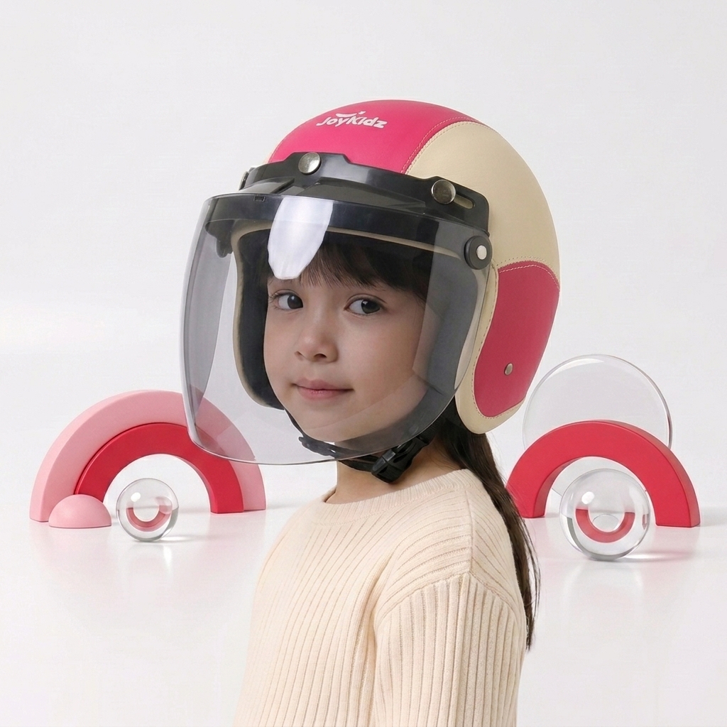 Joykidz Helm Bogo Anak SNI Retro Polos Cream Pink Kulit Sintetis Usia 2–6 Tahun Unisex - Gambar 6
