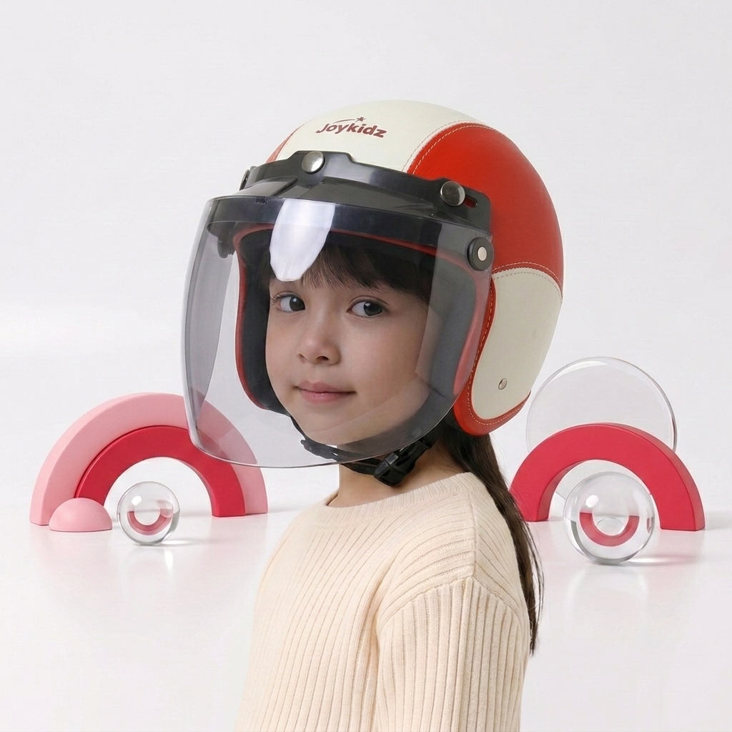 Joykidz Helm Bogo Anak SNI Retro Polos Merah Putih Kulit Sintetis Usia 2–6 Tahun Unisex - Gambar 2