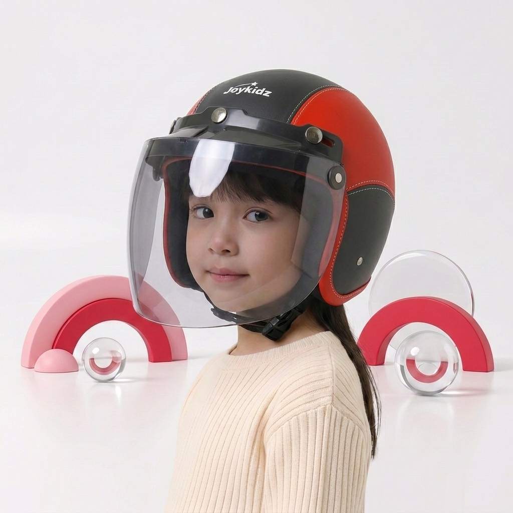 Joykidz Helm Bogo Anak SNI Retro Polos Merah Hitam Kulit Sintetis Usia 2–6 Tahun Unisex - Gambar 2