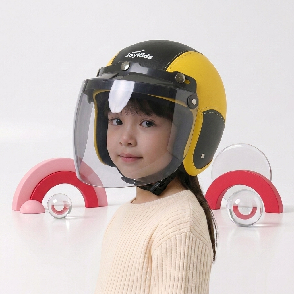 Joykidz Helm Bogo Anak SNI Retro Polos Kuning Hitam Kulit Sintetis Usia 2–6 Tahun Unisex - Gambar 2